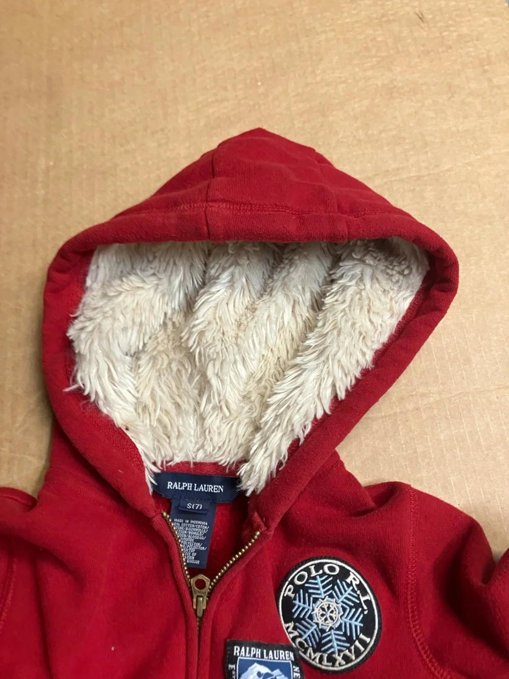 Ralph Lauren Red Hooded Zip-Up Sweatshirt with Sherpa Lining
